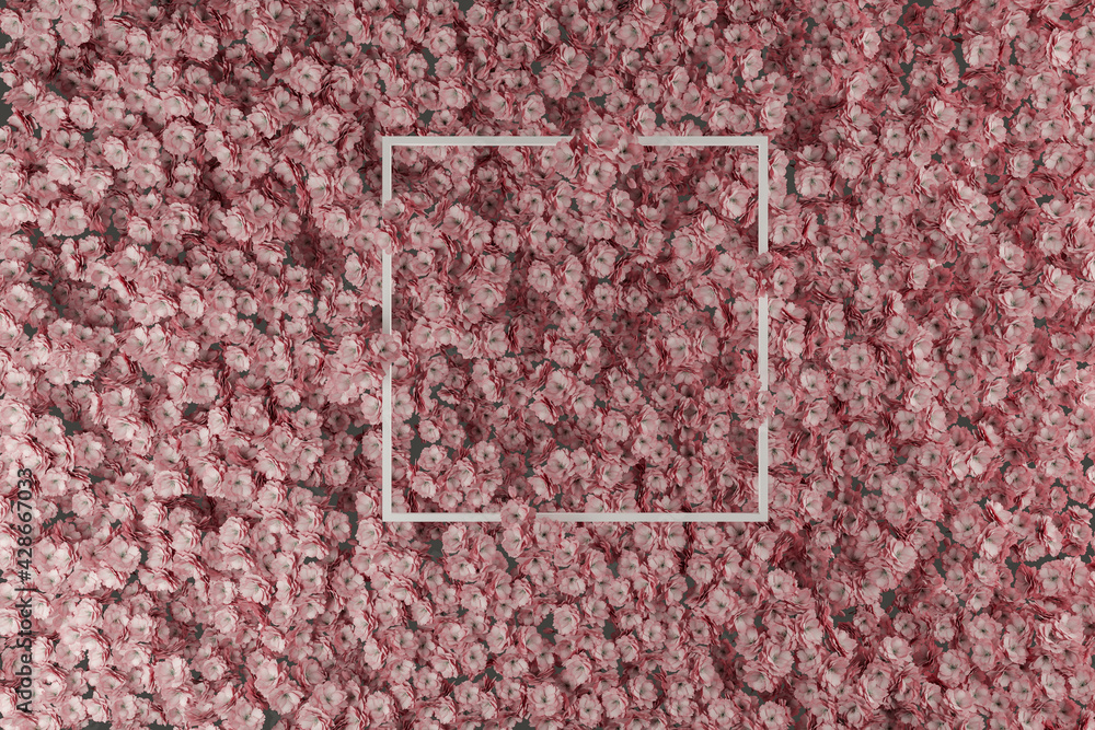 Poster 3d rendering of white square shape over japanese cherry leaves. flat lay of minimal spring style con