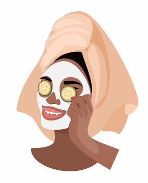 Facial Mask Beauty Product . Young Adult Woman With Spa Face Mask In Bath Towel. Skin Care Relaxing With Cucmber Slices On Eyes. Flat Vector Illustrations On White Background.