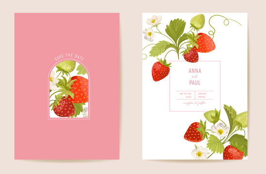 Wedding strawberry floral vector card, exotic berry, flowers, leaves invitation. Watercolor template frame