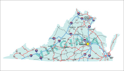 Vector map of the state of Virginia and its Interstate System.