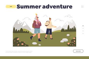 Summer adventure concept of landing page with young family on vacation hiking in mountains