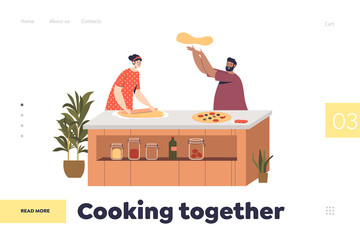 Cooking together concept of landing page with couple preparing pizza at home in kitchen