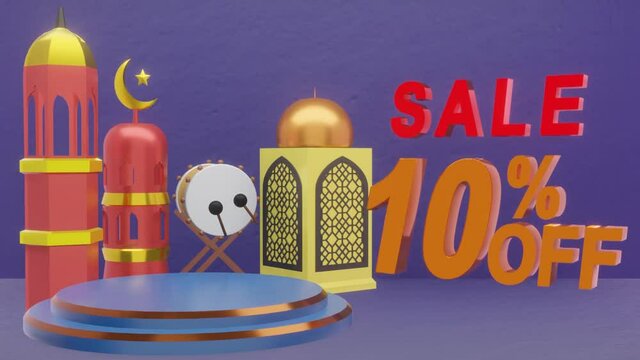 3D Rendering and Animation Of Sale Ten Percent Off, Mosque and Ramadan Theme. Perfect for Background, Banner, Promo, Discount, Sale, Mock Up and Advertisement Product.