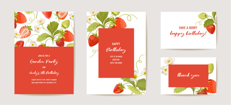 Birthday invitation card, vintage botanical Save the Date strawberry set. Design template of fruits