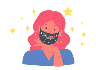Female Model Dressed in Protective Stylish Face Masks with Floral Embroidery or Print. Girl Presenting Trendy Outfit