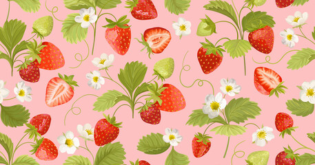 Strawberry pattern with flowers, wild berries, leaves background. Vector seamless texture illustration