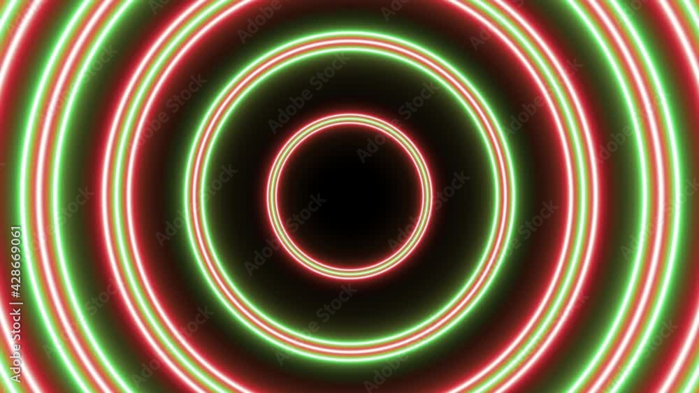 Poster Group of red and green circles seamless loop animation on a dark background. Abstract seamless looped futuristic flight in tunnel motion graphic