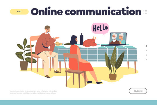 Online communication landing page with couple video chatting to grandparents at thanksgiving dinner