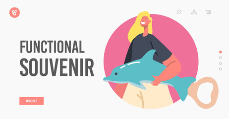 Functional Souvenir Landing Page Template. Tiny Woman Holding Dolphin Bottle Opener or Magnet on Refrigerator Door