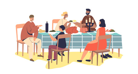 Family dinner for thanksgiving day celebration. Parents and kids eating together at holiday table