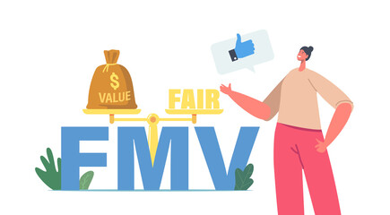 Fair Value Market Business Concept. Tiny Businesswoman Character Show Thumb Up at Huge FMV Typography and Scales Balance