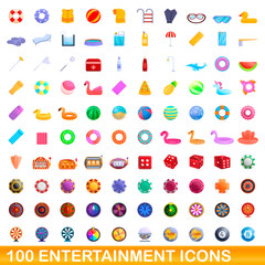 Fototapeta na wymiar 100 entertainment icons set. Cartoon illustration of 100 entertainment icons vector set isolated on white background