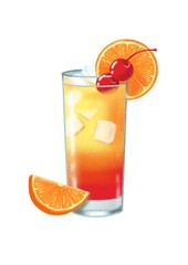 illustration of summer bright cocktail tequila sunrise with ice, cherry and orange decor