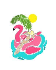 illustration of a girl in a hat sunbathing on a pink flamingo in the pool made in one line line art style in bright summer colors