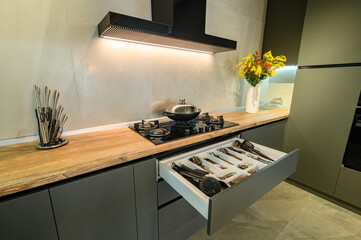 Modern large luxury dark gray kitchen with pulled out drawer