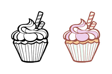 cartoon cupcake illustration hand drawn. Vector Colored and outline. Sweet food for design