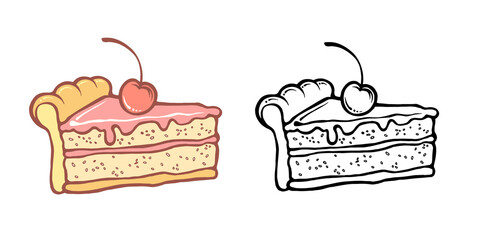 cartoon piece of cake with cherry illustration. Vector Colored and outline for design. Sweet food, dessert piece.