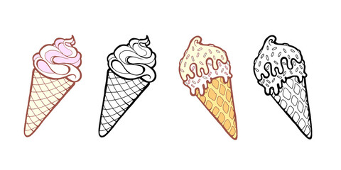 cartoon ice cream illustration hand drawn. Vector Colored and outline for design. Sweet food