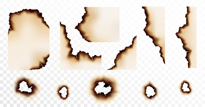Burnt paper hole, page edges and corners. Realistic fire flames, ashes and brown burn