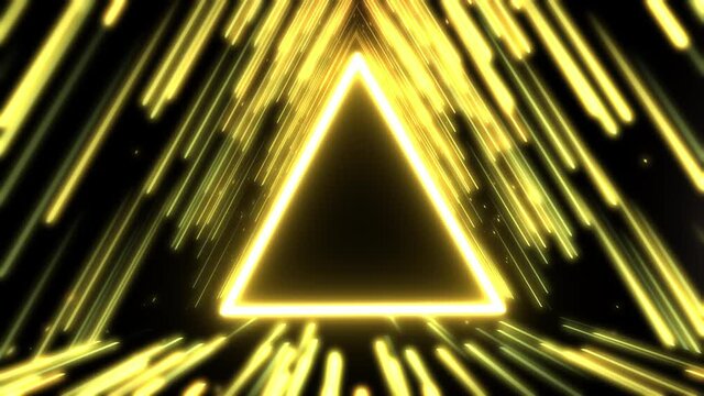 Abstract triangle gold background. Glow gradient yellow particles form lines, surfaces, string structures as virtual space or hologram for HUD screen.