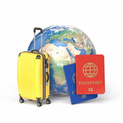 Travel concept, planet Earth with suitcase and passports 3D