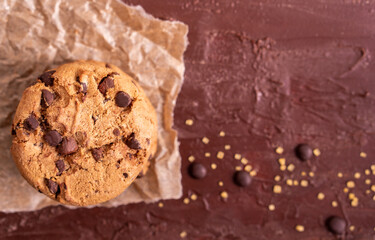salted cookie round gold concept Organic fresh bake homemade tasty sweet dessert piece of chocolate chip closeup on dark wooden table for holiday new year Christmas gift sugar sparkle