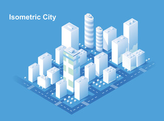 Isometric city vector.Smart town with road , trees,smart city and public park,building 3d,capital , Vector office and metropolis concept. Trending image. 