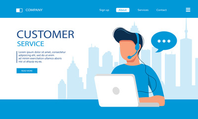 Customer service landing page. Man with headphones and microphone with laptop. Concept illustration for support, assistance, call center. Vector illustration in flat style