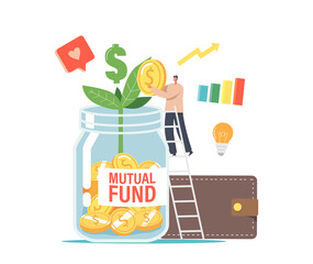 Finance Help via Mutual Fund Business Concept. Office Character or Businessman Put Gold Coin into Huge Jar with Sprout