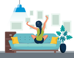 Woman stretching on sofa after wake up. Concept for holidays and vacations. Flat vector illustration