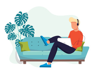 Home office concept, man working from home, student or freelancer. Vector illustration in flat style