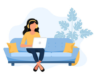 Home office concept, woman working from home, student or freelancer. Vector illustration in flat style