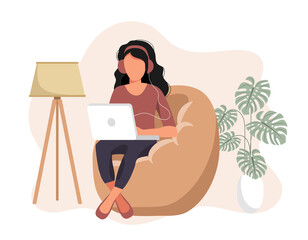Home office concept, woman working from home, student or freelancer. Vector illustration in flat style
