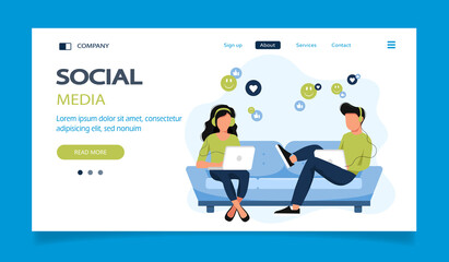 Social network. People using lap top for social networking. Chatting. Creative flat design for web banner, marketing material, business presentation, online advertising. Flat vector illustration