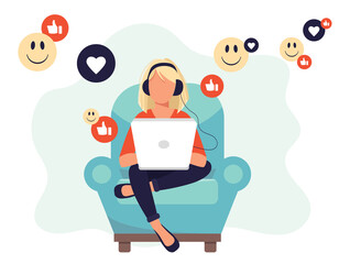 Social network. Woman using lap top for social networking. Chatting. Creative flat design for web banner, marketing material, business presentation, online advertising. Flat vector illustration