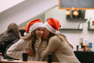 Portrait of happy cute young friends having fun in cafe