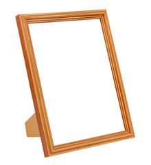 Empty brown wooden photo frame with thin border on stand isolated on white background