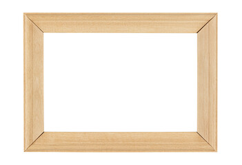 Empty beige wooden frame for artwork or photo isolated on white background