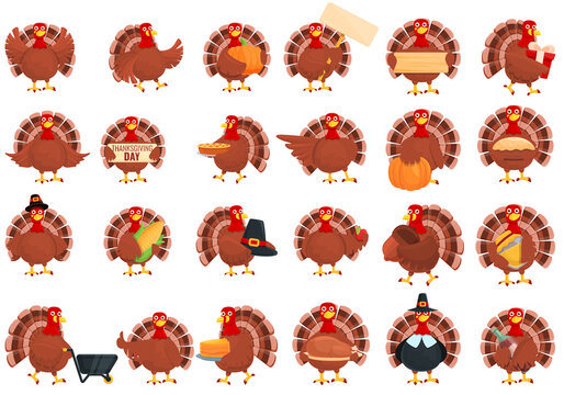 Thanksgiving turkey icons set. Cartoon set of thanksgiving turkey vector icons for web design