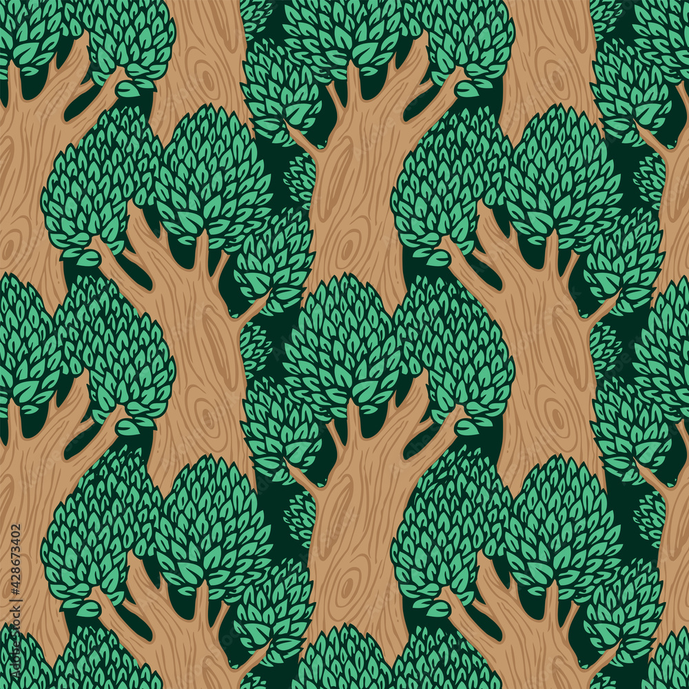 Poster seamless pattern with old deciduous trees. vector background with dense forest in a flat cartoon sty