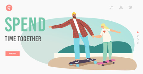 Happy Family Characters Riding Skateboard Landing Page Template. Father and Daughter Skateboarding Hobby, Sport Activity