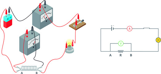 Ohm's law diagram. Isolated vector illustration of an electrical circuit made of a lamp, a battery, a switch, a resistance, an ammeter and a voltmeter, in isometric view over white background.