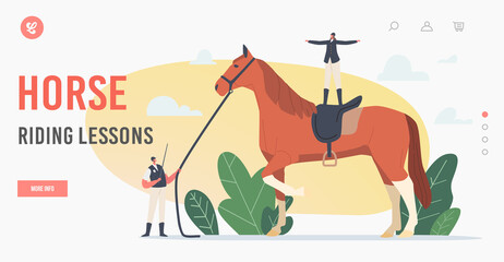 Horse Riding Lessons Landing Page Template. Equestrian Sport Club Training. Tiny Trainer Character Holding Whip