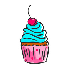Cupcake with blue cream cap and cherry. Hand drawn doodle muffin.