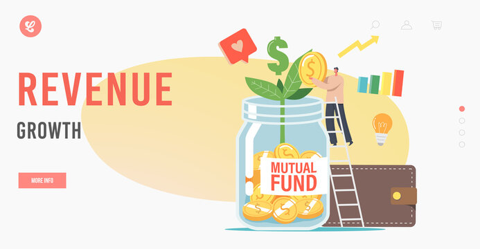 Finance Mutual Fund, Revenue Growth Landing Page Template. Office Character Put Gold Coin into Huge Jar with Sprout