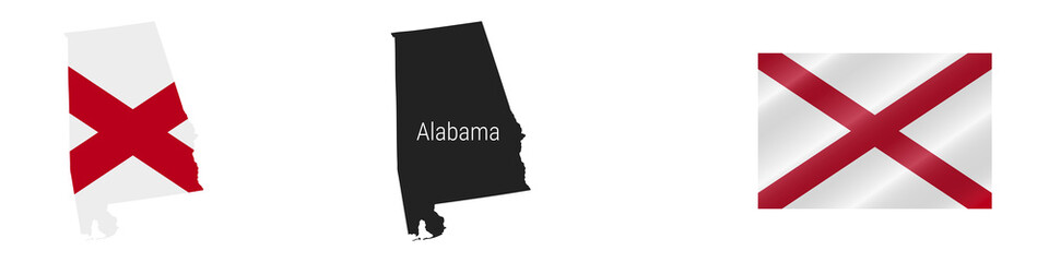 Alabama US state detailed flag map. Detailed silhouette. Waving flag. Vector illustration