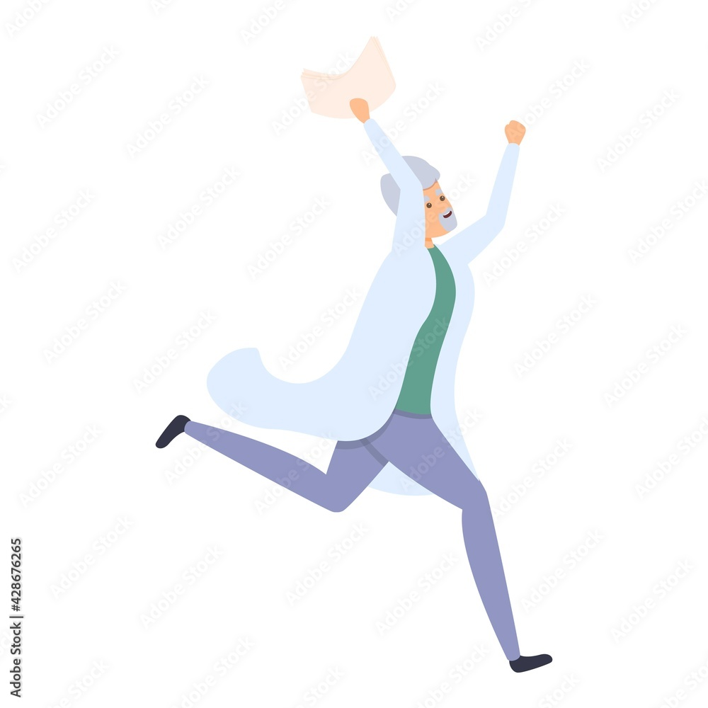 Poster happy running scientist icon. cartoon of happy running scientist vector icon for web design isolated