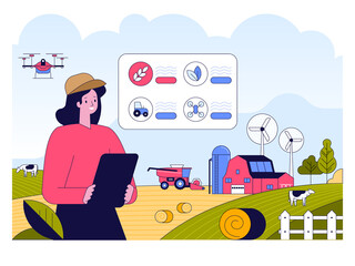 Smart farming. Woman runs farm on tablet using data and drones