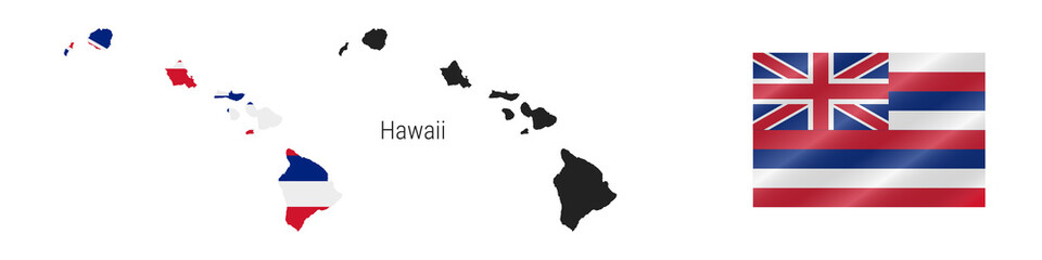 Hawaii US state detailed flag map. Detailed silhouette. Waving flag. Vector illustration