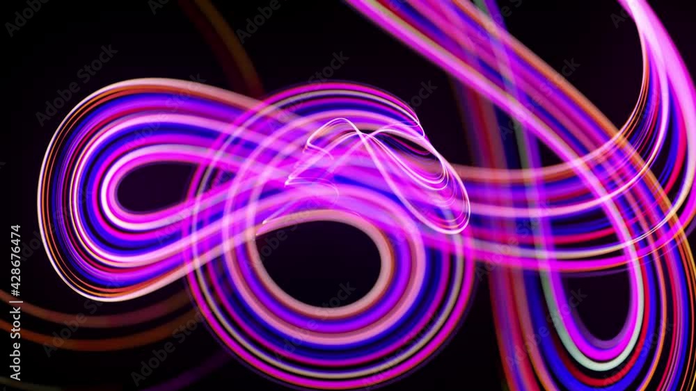 Poster motion graphics, sci-fi bg. stream of multicolor neon lines form spiral shape, curls and pattern. ab